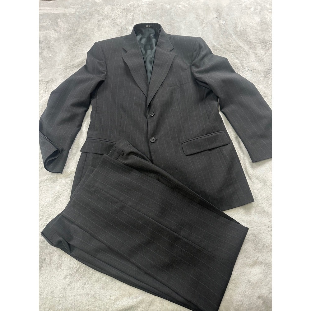 Towncraft Pinstripe Suit Mens 40R Black Worsted Wool Blend 2 Button 34X32 Pants